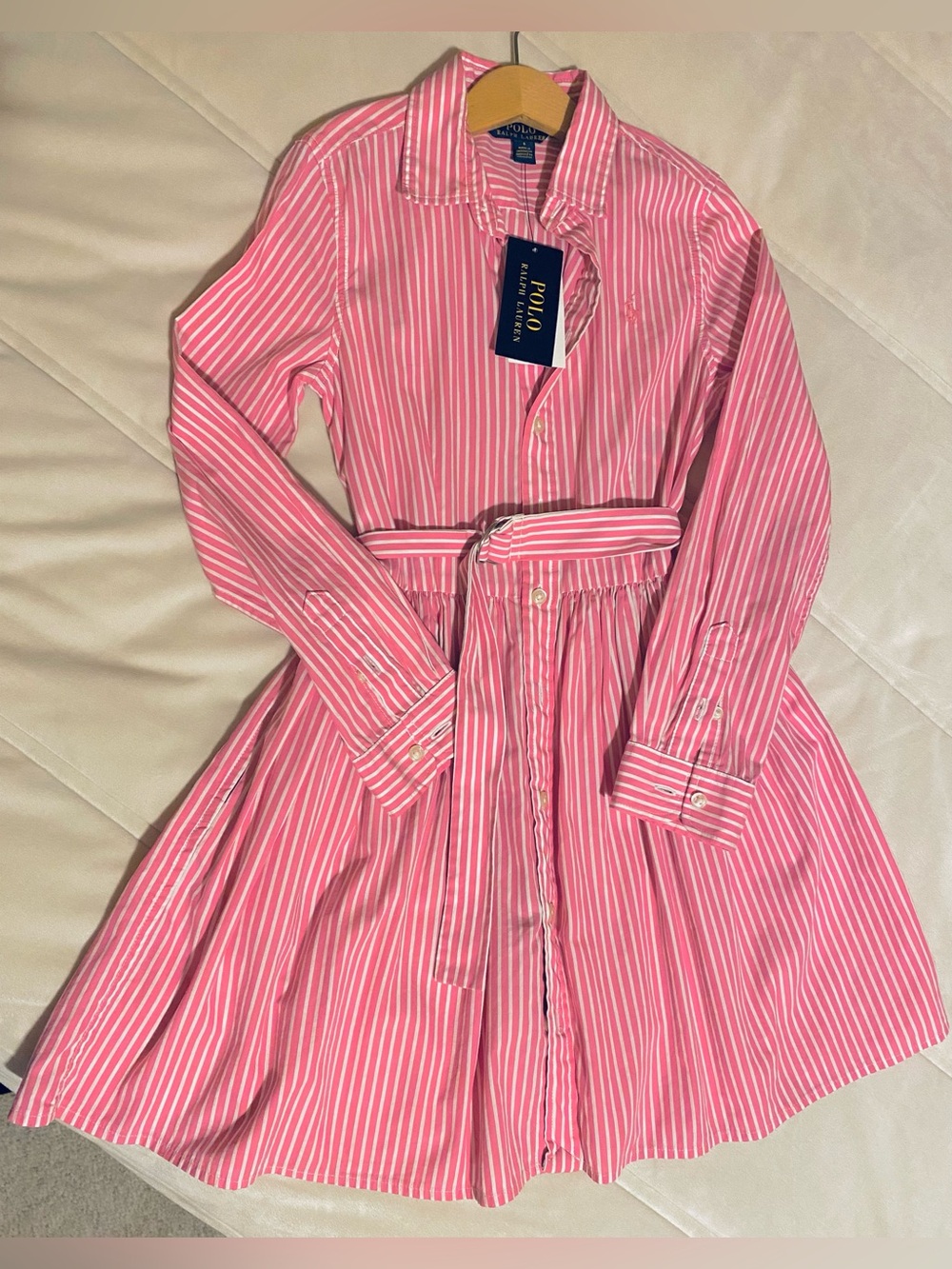 Polo by Ralph Lauren Pink & White Striped Shirt Dress with Belt